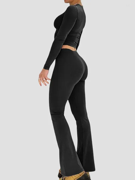 Pantalones de dos piezas para mujer Trajes de otoño sexy para mujer Top corto de manga larga para mujer Pantalones acampanados Conjunto de pantalón acampanado Chándal de entrenamiento