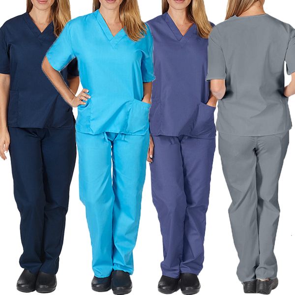 Pantalon deux pièces pour femmes Ensembles de gommage pour femmes Shorts Poche à manches T-shirts Pantalon 2 pièces Hommes Uniformes d'allaitement en vrac Salon de beauté Vêtements de travail Salopette Plus la taille 230613