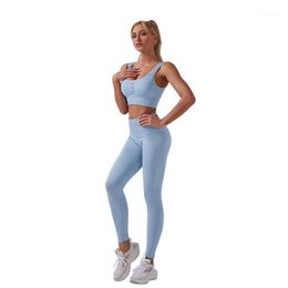 Pantalones de dos piezas para mujer Mujeres Seamless Fitness Rib ActiveWear Crop Tops con botón Long Tight BottomWorkout Pieces Gym Suits Outfits Sports