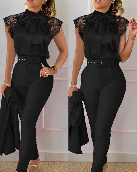 Pantalon de deux pièces pour femmes Ensemble de femmes Costume élégant Travail quotidien Contraste Dentelle Sans manches Cravate Blouse Top et ceinture Taille haute Slim Fit