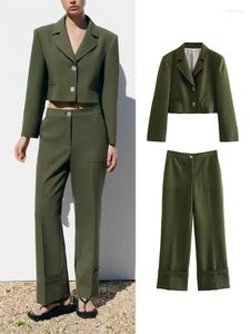 Femmes deux pièces pantalons femmes ensemble vert 2 pièces 2023 mode sertissage manches court Blazer droite ensembles femmes costume