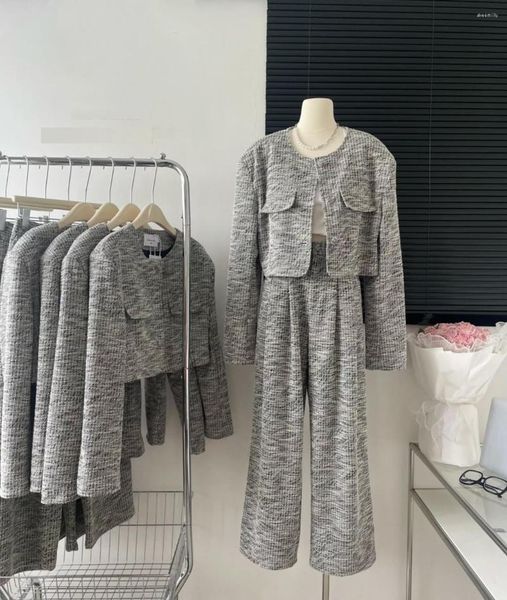 Pantalones de dos piezas para mujer, conjunto de mujer, chaqueta térmica de manga larga con cuello redondo, traje de oficina de Tweed gris cálido para otoño e invierno