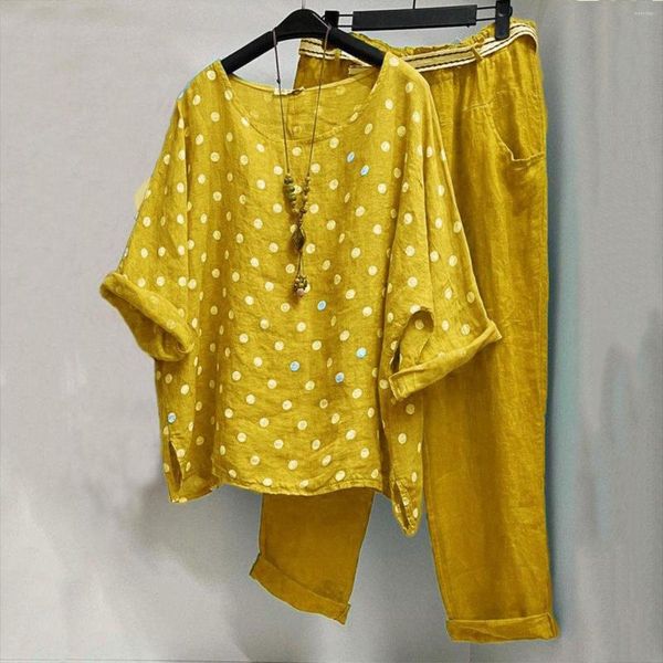 Femmes deux pièces pantalons femmes ensemble à pois imprimé Boho coton lin chemises pantalons costumes été ethnique jaune Blouse longue assortie