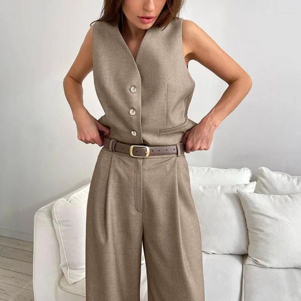 Pantalon de deux pièces pour femmes sets de gilet sans manches single poitrine de jambe large cardigan pochettes de bureau poches 2024