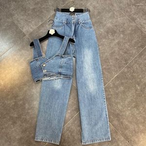 Vrouwen tweedelige broek vrouwen sexy denim broek pak vest crop top en wijde pijpen broek set bijpassende outfit Koreaanse high street blauwe kleding