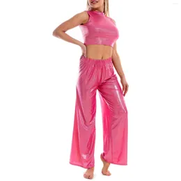 Tweedelige damesbroek Dames Glanzende stukken Pak Dans Yoga-outfits O-hals Mouwloze crop-top met losse hoge taille Wijde pijpen