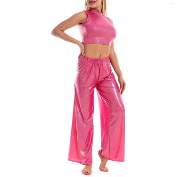 Pantalon de deux pièces pour femmes Femmes Pièces brillantes Costume Danse Yoga Tenues O Cou Sans Manches Haut Court Avec Lâche Taille Haute Jambe Large