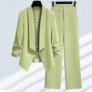 Pantalon de deux pièces pour femmes Femmes Printemps Été Vert Blazer Pièces Ensembles 2023 Bureau Lady Gracieuse Mince Costume Veste Pantalon Tenues Travail