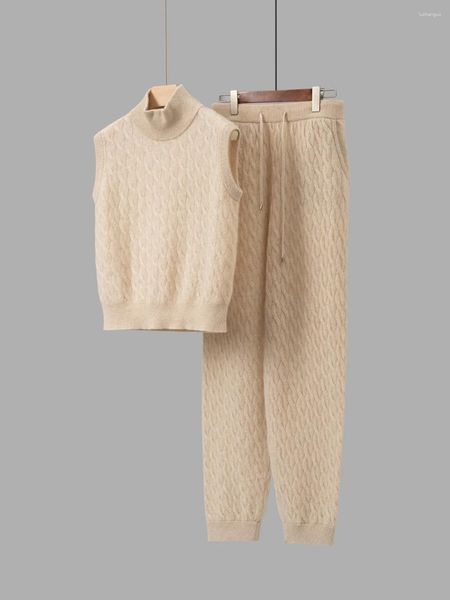 Pantalones de dos piezas para mujer, suéter sin mangas con cuello levantado y cordón, cintura elástica, conjunto de piezas de pantalón largo, punto de cachemira trenzado