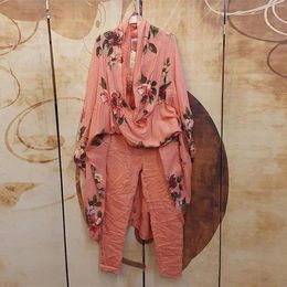 Pantalones de dos piezas para mujer Traje de mujer Estampado floral étnico Boho Conjunto de lino de algodón Conjuntos de camisas Conjuntos de verano holgados de manga corta trajes femeninos