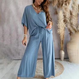 Dames tweedelige broek Vrouwen Pak Outfit Stijlvolle Topset met Wide Leg Trousers V Neck Bat Sleeve losse T-shirt Hoge taille voor casual