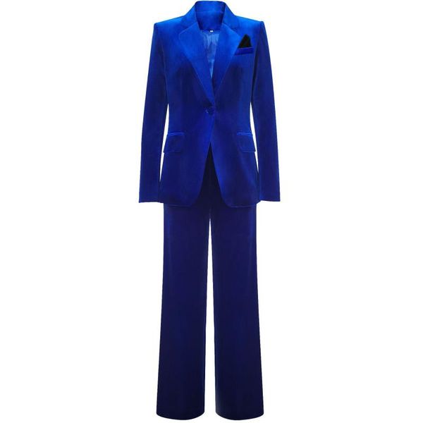 Pantalones de dos piezas para mujer Trajes de mujer 2 Moda con blazer Royal Blue Velvet Abrigo de un solo pecho Pantalón para el trabajo Conjunto diario informal profesional