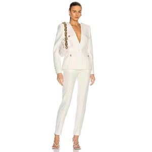 Dames tweedelige broek Vrouwen Pakken Pure witte lange mouwen V-hals slanke fit stijlvol temperament forens professionele casual pak broek ladi