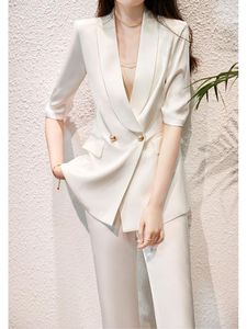 Femmes deux pièces pantalons femmes été décontracté élégant Blazer pièces ensemble Vintage Chic blanc costume veste droite tailleur-pantalon femme mode coréenne