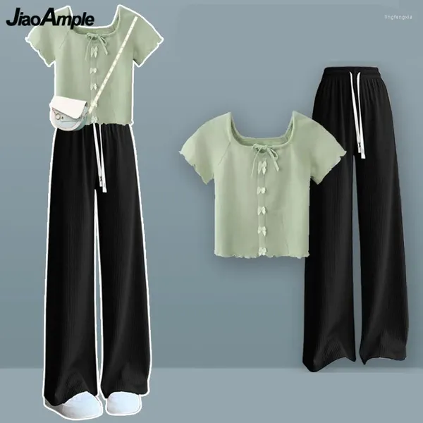 Pantalon de deux pièces pour femmes Femmes Summer Preppy Style mignon Bowknot Shorts T-shirts Ligne large Single ou Set Lady Green Green à manches courtes Tops Tops