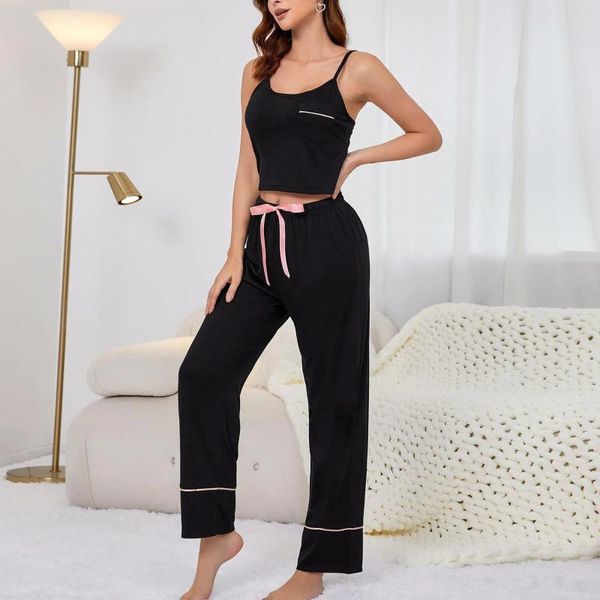 Pantalon de deux pièces pour femmes, couleur unie, Camisole confortable et respirante, ensemble Long, pyjama d'été, automne