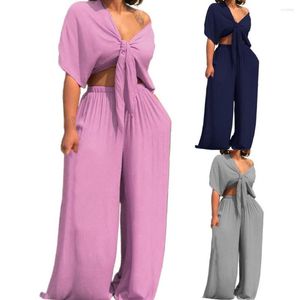 Dames tweedelige broek Dames Zomerpak Solid kleur Outfit V-Neck korte mouwen breedbeen set elastische taille crop top streetwear
