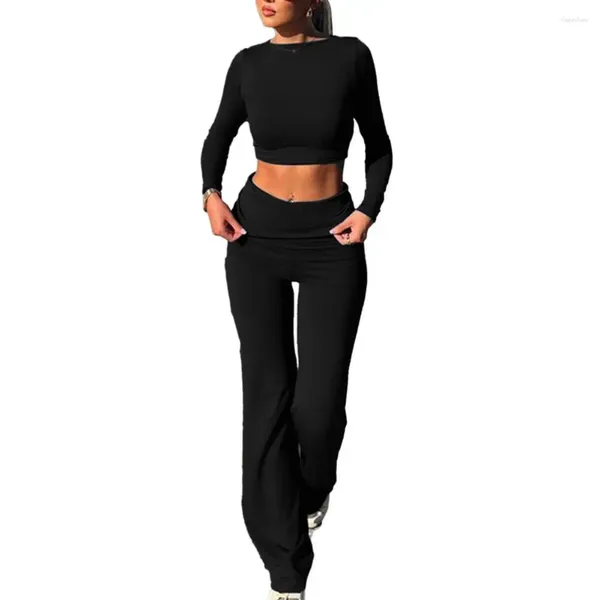 Pantalon de deux pièces pour femmes Top Set Rond Round Couge Taist exposé à manches longues hautes Taies à la taille de la taille Butt T-shirt élastique T-shirt T-shirt T-shirt