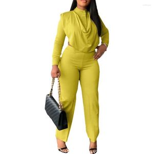 Pantalon deux pièces femme haut pour femme ensemble couleur unie costume Chic col montant chemise taille haute Baggy Slim Fit trajet doux dame