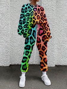 Pantalon de deux pièces pour femmes Femmes Survêtement Hipster Street Style Coloré Léopard Imprimé Casual Manches Longues O Cou Sweat-Shirt Cordon