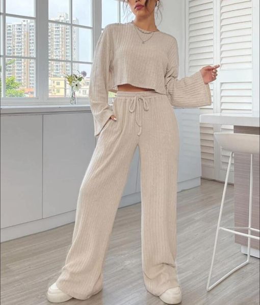 Pantalones de dos piezas para mujeres Piezas de chándal para mujeres Juego de manga larga o Sweaters de punto redondo Color sólido Papas informales