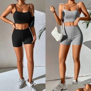 Pantalons pour femmes en deux pièces Femmes Tracksuit 2 Yoga Short Y Top Top Scoop Neck Crop High Woustwear Set 240131 Drop Livrot Dhbyk