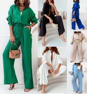 Women's Two Piece Pants Women Trouser Suits Long Sleeve Casual Shirt With High Waist Loose Wide Leg 2 Pc Sets 2022 Spring Single Breasted