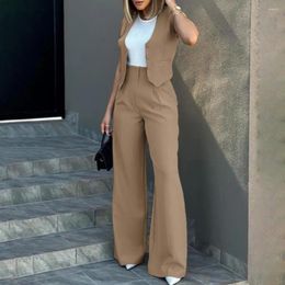 Pantalones de dos piezas para mujer Traje de chaleco para mujer Elegante Lady Baggy Set con color sólido Cintura alta Pierna ancha Streetwear para un