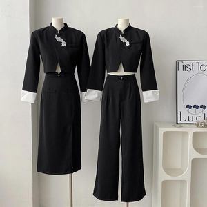 Dames Tweedelige Broek Dames Vintage Chinese Broek Pak Jas Jas Crop Top En Broekrok Set Bijpassende Outfit 2024 Uitloper Kleding