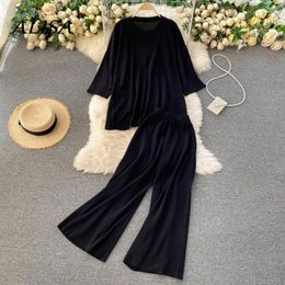 Dames tweedelige broek dames vintage sets lente zomer halve mouw onregelmatige trui en rechte pijpen damesmode Koreaanse outfits