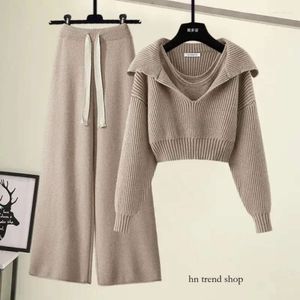 Dames tweedelige broek Dames Winter herfst Y2K Pak Vest Sweater Crop Tops en Wide Leg Pant Three Set Outfit Gebreide Outwear Koreaans 703