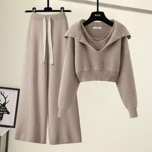 Pantalon de deux pièces pour femmes Femmes Hiver Automne Y2K Costume Gilet Pull Crop Tops et Pantalon à jambe large Trois Set Outfit Tricoté Outwear Coréen