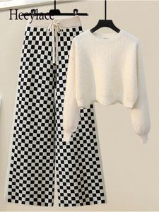Pantalon de deux pièces pour femmes Femmes hiver tricoté ensembles bureau dames élégant pull à tricoter et jambe large plaid coréen décontracté ensemble