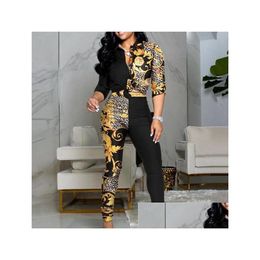 Pantalones de dos piezas para mujer 2021 Moda para mujer Conjunto elegante Trajes Estampado de letras Colorblock Nudo Abotonado en la parte superior Cintura alta Drop D Dh1Br