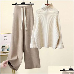 Dames tweedelige broek Dames Autumn Winter Winter Vrouwen gebreide set Turtleneck lange mouw Solid Plover Sweater Casual Wide Been Pant Outer Dhylj