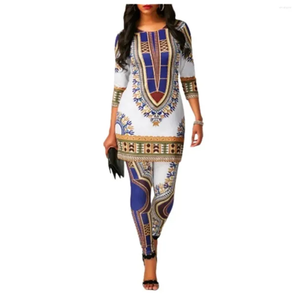 Pantalon de deux pièces pour femmes Femmes Casual Mode Dashiki Costume tribal 2 Tenues imprimées ethniques africaines Tops à manches 3/4 Chemise et leggings Romper