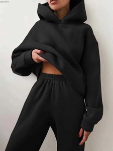 Twee stuk broek voor dames dames casual vaste lange mouwen hoodie sportkleding herfst warme hoodie en broek wol tweedelige setl240429