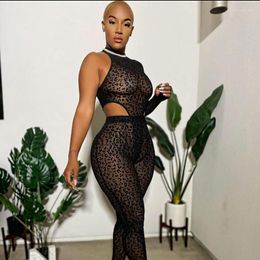 Dames tweedelige broek Dameskleding Onregelmatige mouwloze dames Sexy Black Jumpsuit -kleding Mesh Leopard Perspectief 2 Set 2022