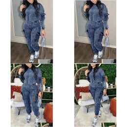 Pantalon de deux pièces pour femmes Femmes Est Style Casual Poche Plover Manches longues Gris foncé Costume Pièces Ensemble Drop Livraison Vêtements Vêtements Se Otzhw