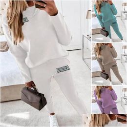 Pantalones de dos piezas para mujer Conjunto de PCS para mujer Sudadera elegante Pantalones de chándal Conjunto Bolsillos Suave Casual Color puro Drop Entrega Ropa Ropa DHTE