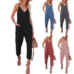 Pantalones de dos piezas para mujer, monos y monos para mujer para verano 2023, tirantes sexis de Color sólido con cuello de pico y hombros, conjunto informal con bolsillo