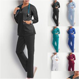 Dames tweedelige broek Dames Scrubs Vrouwen werken uniform Pocket Lange mouwen Medicaled Clothing Tops Tweedelige sets Clinical Unifo Dh9qi