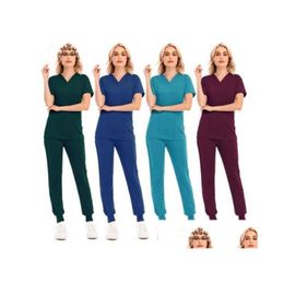 Pantalon deux pièces pour femme Couleur unie Spa Threaded Clinic Work Suits Tops Uni Scrub Pet Nursing Uniform Drop Delivery Apparel C Dheci