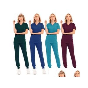 Dames tweedelige broek Dames effen kleur Spa schroefdraad Kliniek Werkpakken Tops Uni Scrub Pet Nursing Uniform Drop Delivery Apparel C Dheci