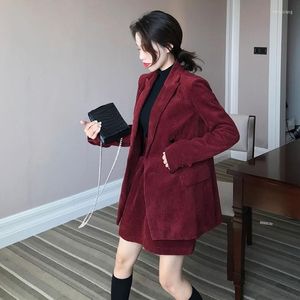 Dames tweedelige broek Dames Spring Wijn Red Corduroy Blazer Set Fashion Office Lady Rok met dubbele borsten Pak Jacket los