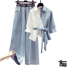 Pantalones de dos piezas para mujer para mujer verano color sólido talla grande camisa de bloque coreano jeans moda cintura alta suelta casual jean 2 piezas se dhy6a