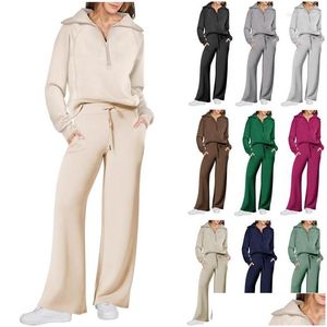 Pantalons Deux Pièces Pour Femmes Pantalons Deux Pièces Pour Femmes Tenues Survêtement Ensemble Sweat-shirt À Fermeture Éclair Quart Pantalon De Survêtement À Jambes Larges Femmes Petite Drop Deli Dhfzm