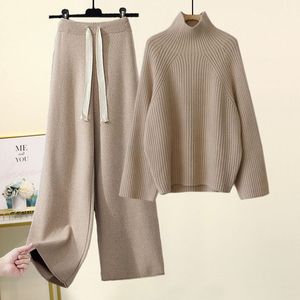 Women's Two Piece Pants Womens Two Piece Pants Autumn Winter Women Knitted Set Turtleneck Long Sleeve Solid Pullover Sweater Casual Wide Leg Pant Outerwear
