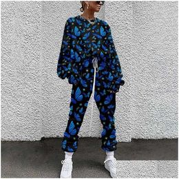 Pantalon de deux pièces pour femmes Femmes Femmes Survêtement Plovers Cloting Manches longues Tie-Dye Imprimer Femme Tops et taille élastique Slim Casual Dro Dhmn8