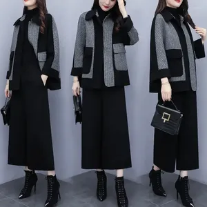 Tweede stuk broek Wollen tweedelige set wollen set Oversized Plaid Jacket Wide Leg Casual Fashion Clothing Autumn and Winter Styles